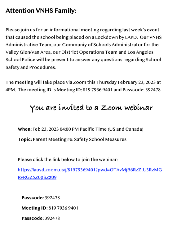  Informational Parent Meeting Re: School Safety